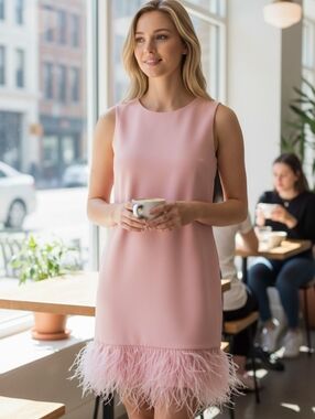 Donna Ricco Pink Feather-Hem Shift Dress